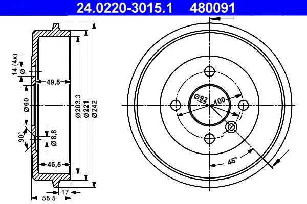 Handler.Part Brake drum ATE 24022030151 1