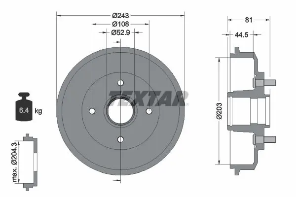 Handler.Part Brake drum TEXTAR 94022500 1