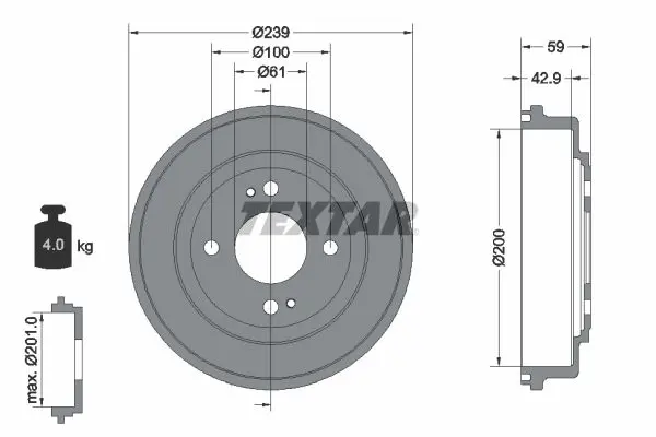 Handler.Part Brake drum TEXTAR 94015300 1