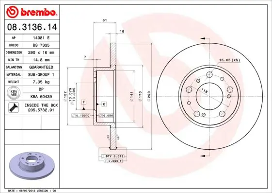 Handler.Part Brake disc BREMBO 08313614 1