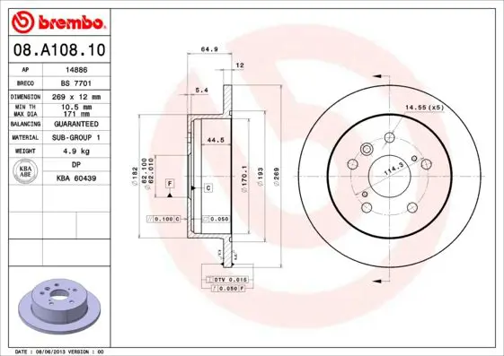 Handler.Part Brake disc BREMBO 08A10810 1