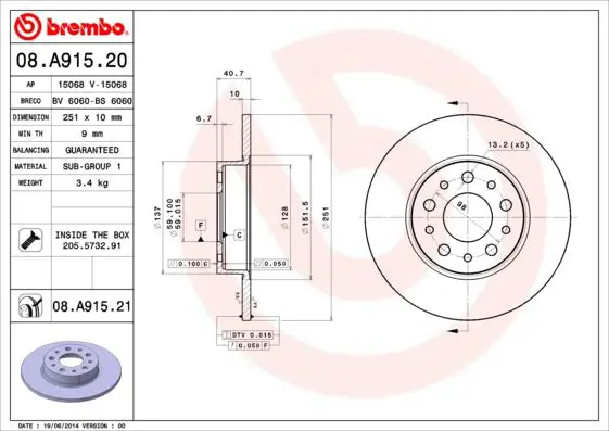 Handler.Part Brake disc BREMBO 08A91521 1