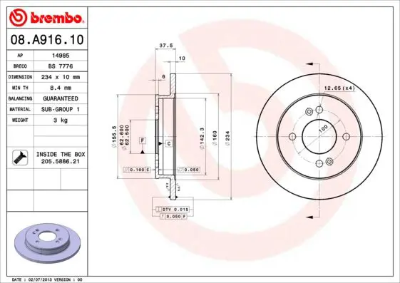 Handler.Part Brake disc BREMBO 08A91610 1