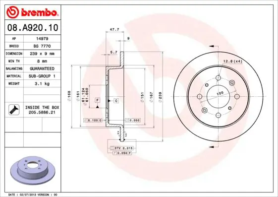 Handler.Part Brake disc BREMBO 08A92010 1