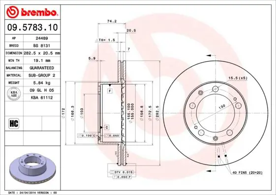 Handler.Part Brake disc BREMBO 09578310 1