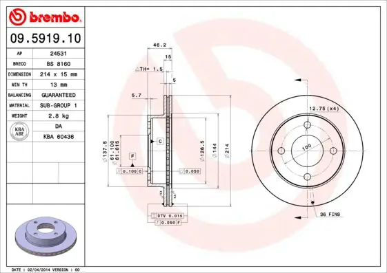 Handler.Part Brake disc BREMBO 09591910 1