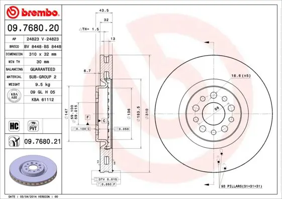 Handler.Part Brake disc BREMBO 09768021 1