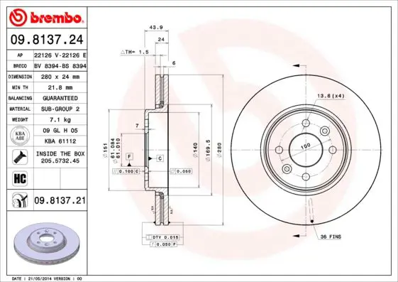 Handler.Part Brake disc BREMBO 09813721 1