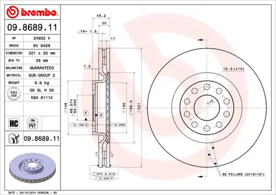 Handler.Part Brake disc BREMBO 09868911 1