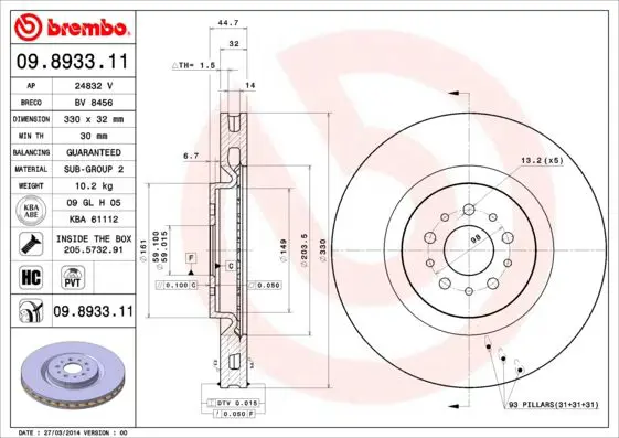 Handler.Part Brake disc BREMBO 09893311 1