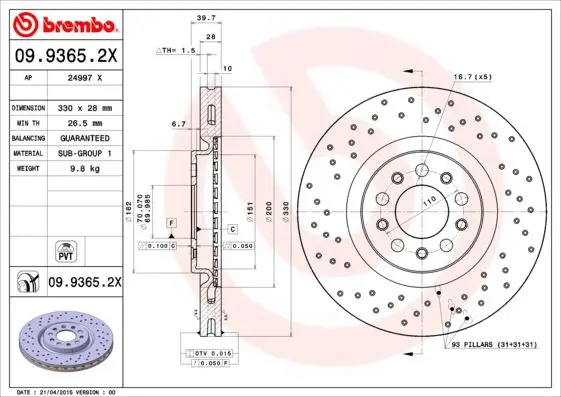 Handler.Part Brake disc BREMBO 0993652X 1