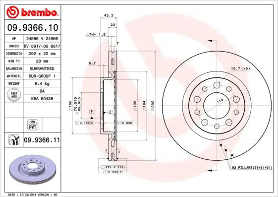 Handler.Part Brake disc BREMBO 09936611 1