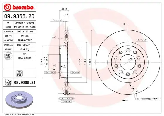 Handler.Part Brake disc BREMBO 09936621 1