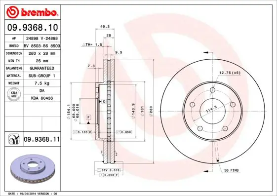 Handler.Part Brake disc BREMBO 09936811 1