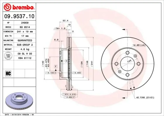 Handler.Part Brake disc BREMBO 09953710 1