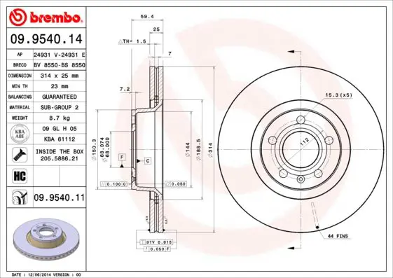 Handler.Part Brake disc BREMBO 09954011 1