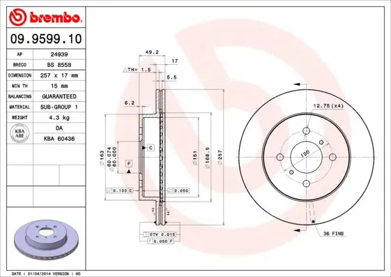 Handler.Part Brake disc BREMBO 09959910 1