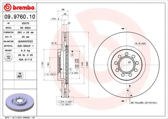 Handler.Part Brake disc BREMBO 09976010 1