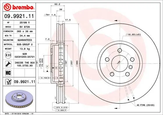 Handler.Part Brake disc BREMBO 09992111 1