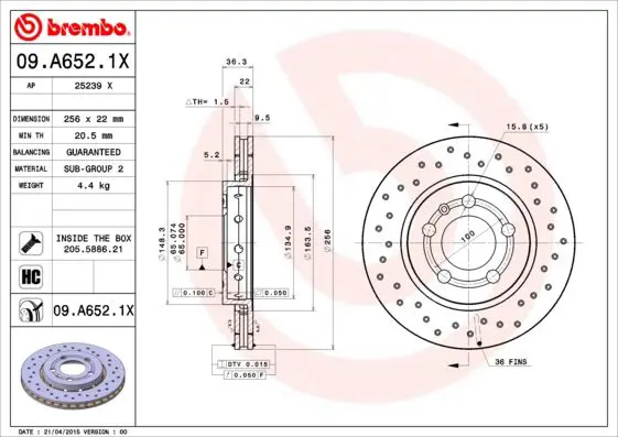 Handler.Part Brake disc BREMBO 09A6521X 1