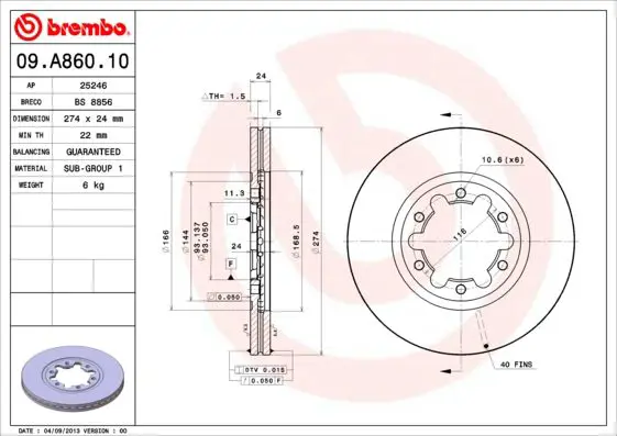 Handler.Part Brake disc BREMBO 09A86010 1