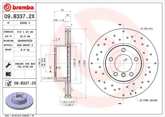 Handler.Part Brake disc BREMBO 09B3372X 1