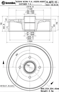 Handler.Part Brake drum BREMBO 14A67210 1