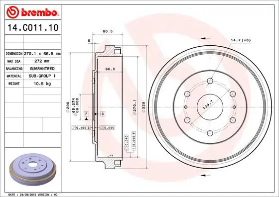 Handler.Part Brake drum BREMBO 14C01110 1