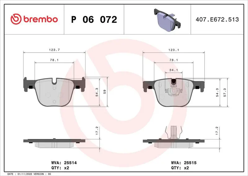 Handler.Part Brake pad set, disc brake BREMBO P06072 1