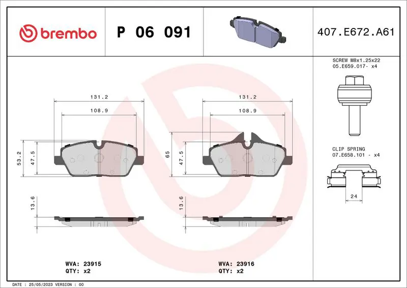 Handler.Part Brake pad set, disc brake BREMBO P06091 1