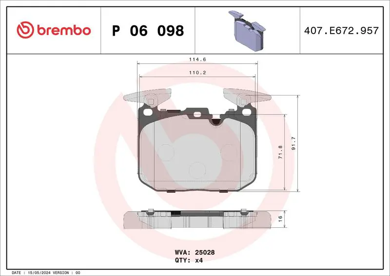 Handler.Part Brake pad set, disc brake BREMBO P06098 1