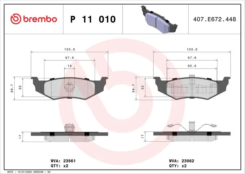 Handler.Part Brake pad set, disc brake BREMBO P11010 1