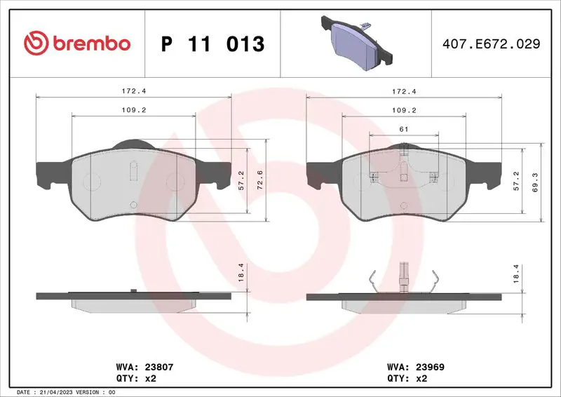 Handler.Part Brake pad set, disc brake BREMBO P11013 1