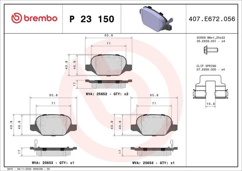 Handler.Part Brake pad set, disc brake BREMBO P23150 1