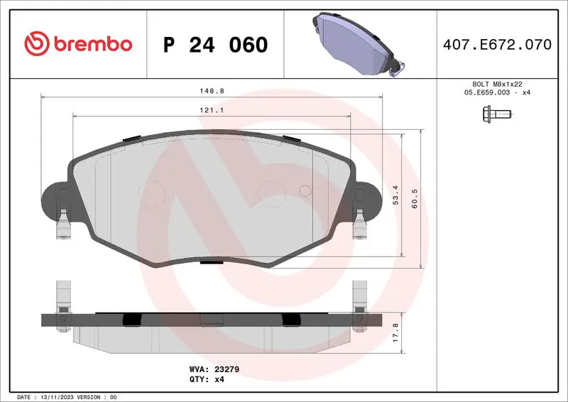 Handler.Part Brake pad set, disc brake BREMBO P24060 1