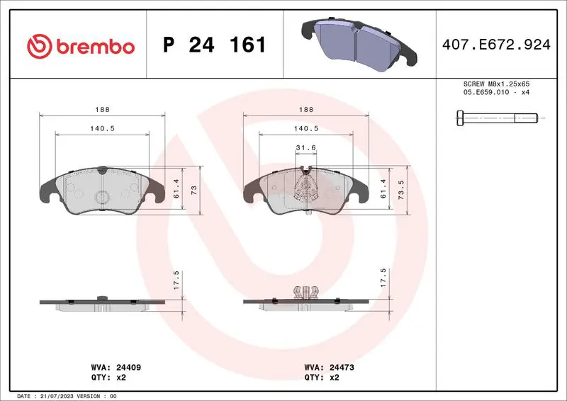 Handler.Part Brake pad set, disc brake BREMBO P24161 1