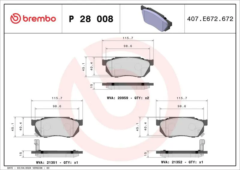 Handler.Part Brake pad set, disc brake BREMBO P28008 1