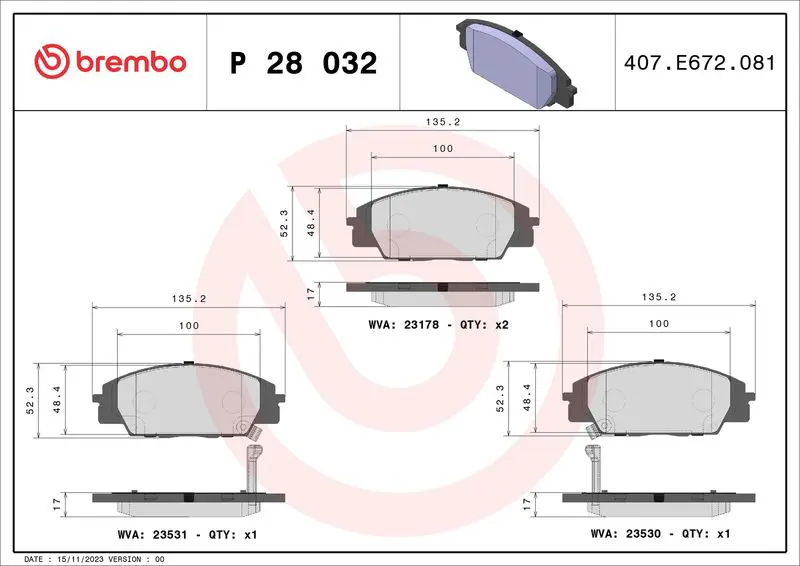 Handler.Part Brake pad set, disc brake BREMBO P28032 1