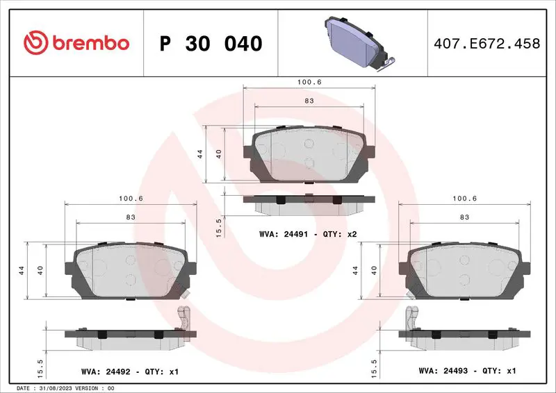 Handler.Part Brake pad set, disc brake BREMBO P30040 1