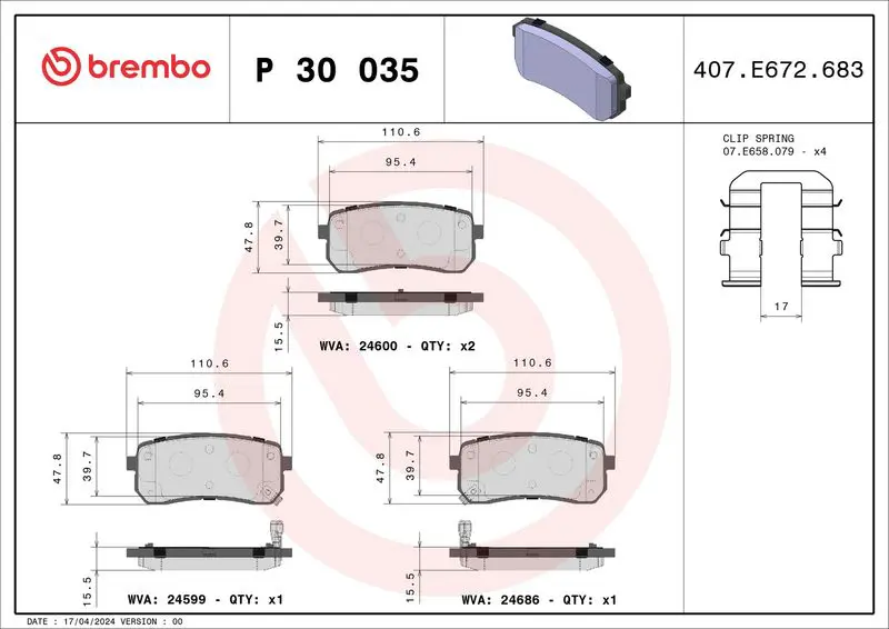 Handler.Part Brake pad set, disc brake BREMBO P30035 1