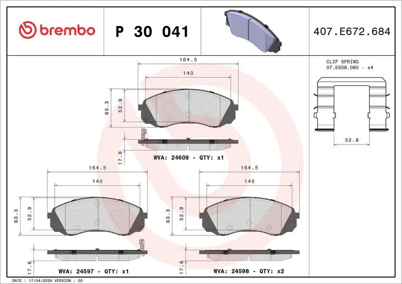 Handler.Part Brake pad set, disc brake BREMBO P30041 1