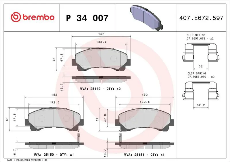 Handler.Part Brake pad set, disc brake BREMBO P34007 1