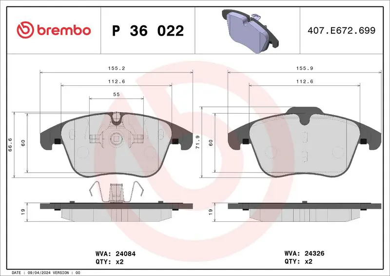 Handler.Part Brake pad set, disc brake BREMBO P36022 1