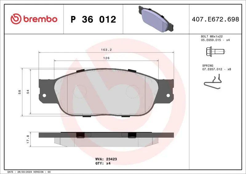 Handler.Part Brake pad set, disc brake BREMBO P36012 1