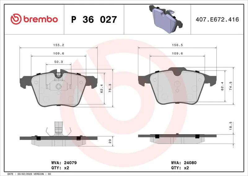 Handler.Part Brake pad set, disc brake BREMBO P36027 1