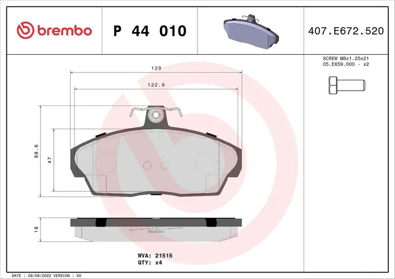 Handler.Part Brake pad set, disc brake BREMBO P44010 1