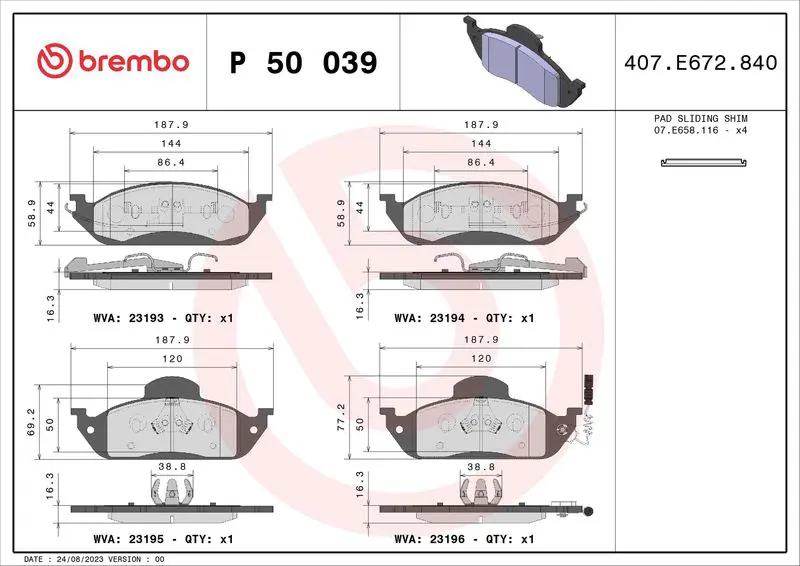 Handler.Part Brake pad set, disc brake BREMBO P50039 1