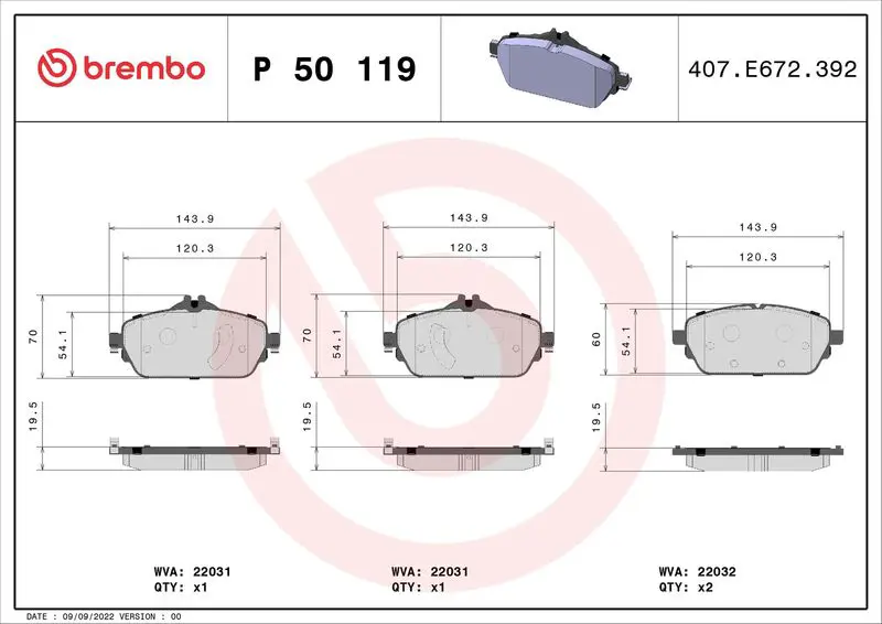 Handler.Part Brake pad set, disc brake BREMBO P50119 1