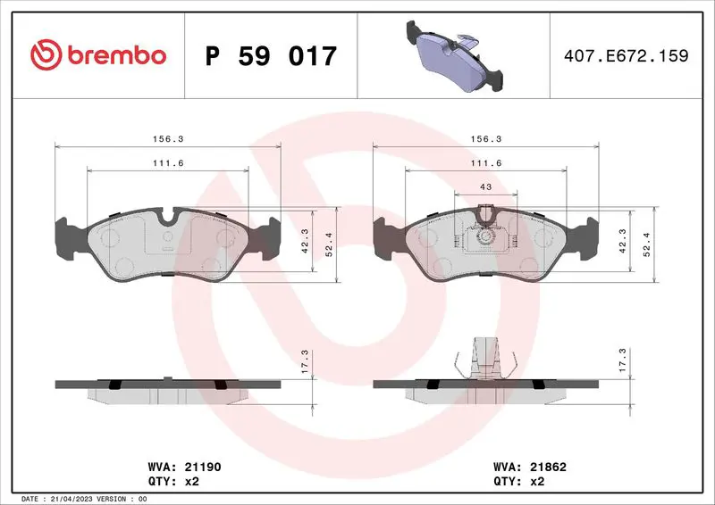 Handler.Part Brake pad set, disc brake BREMBO P59017 1