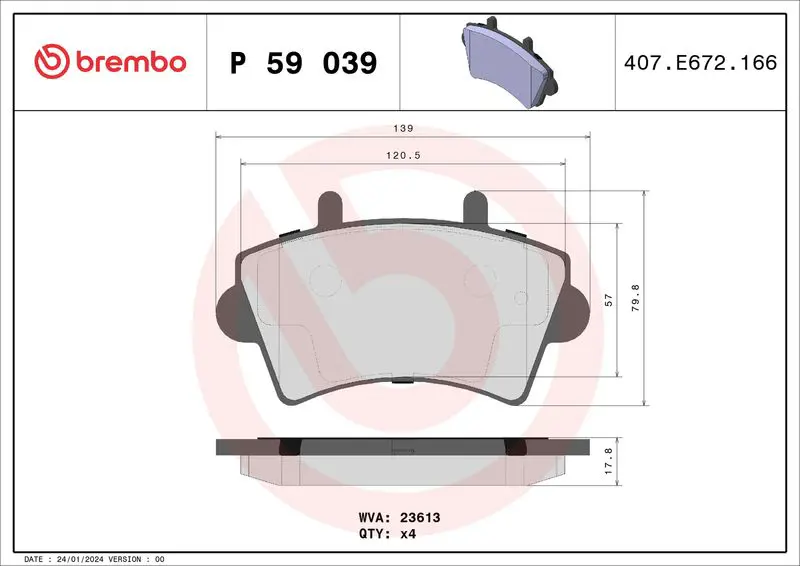 Handler.Part Brake pad set, disc brake BREMBO P59039 1